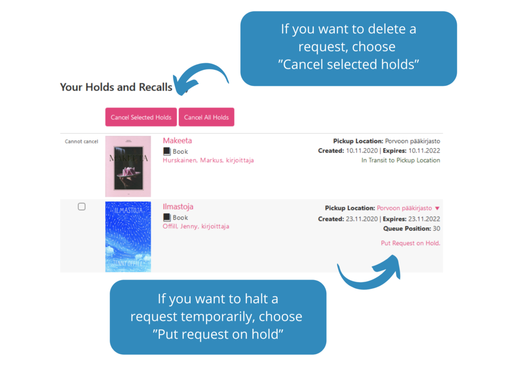 How to delete och put a reservation on hold