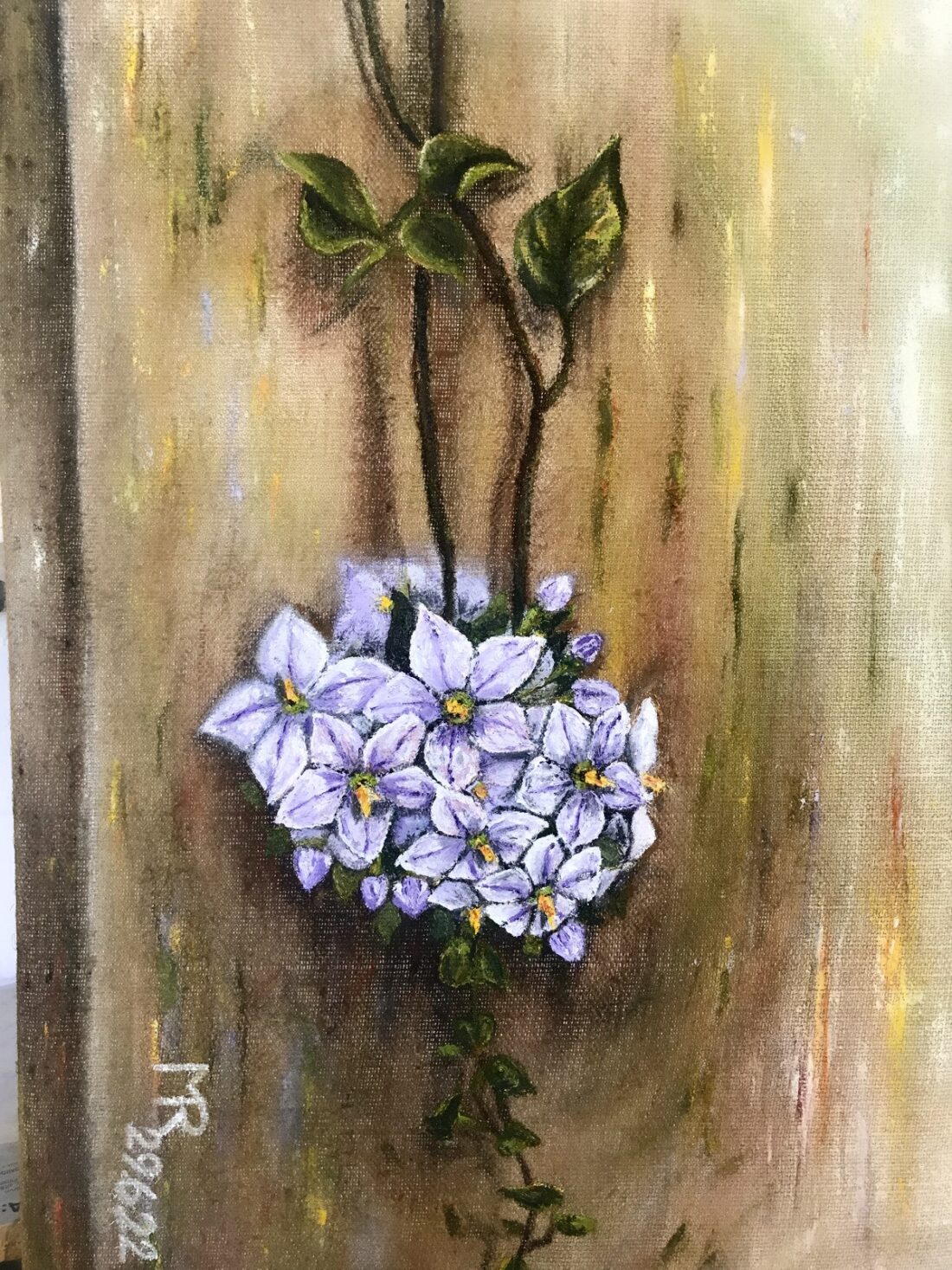 Maalaus violetista kukkakimpusta. Maalannut Maryam Roohani.