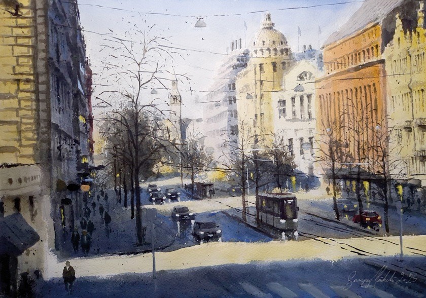 Akvarellimaalaus Helsingistä.