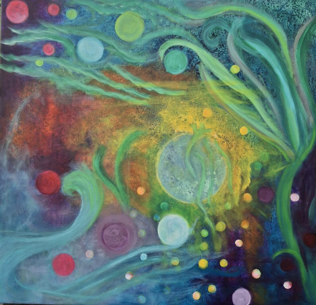 Värikäs, abstrakti maalaus.