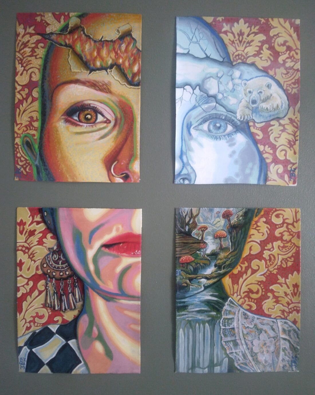 Neljään osaan jaettu unenomainen piirustus naisen päästä.